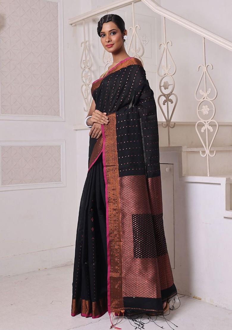 Black Ethnic Motifs Cotton Blend Saree Set
