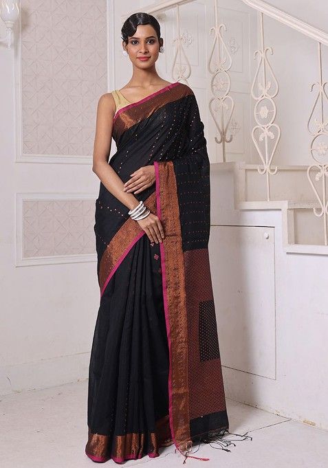 Black Ethnic Motifs Cotton Blend Saree Set