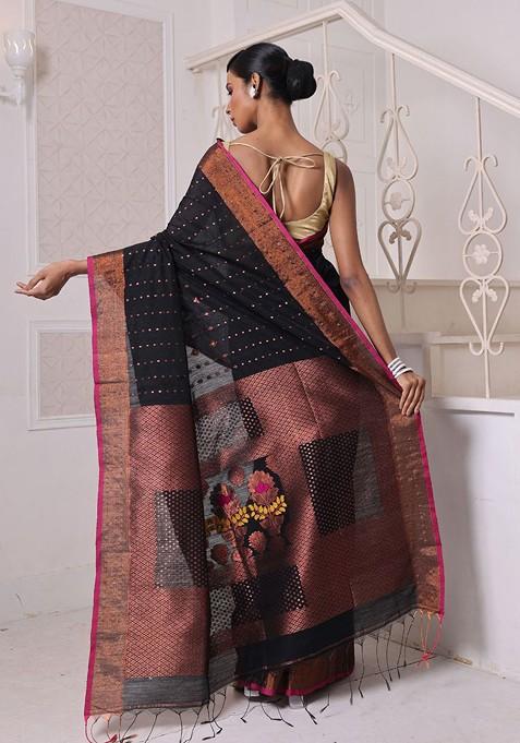 Black Ethnic Motifs Cotton Blend Saree Set