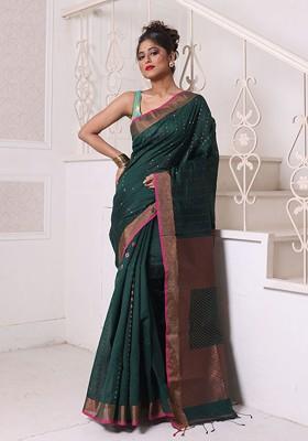 Green Ethnic Motifs Cotton Blend Saree Set