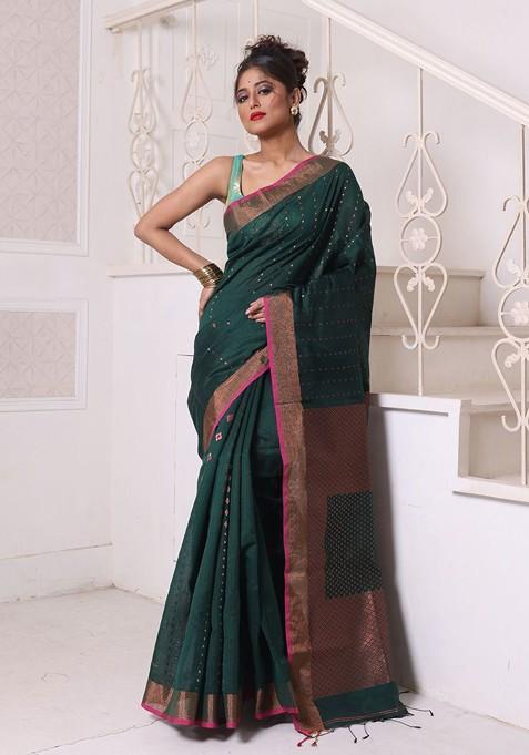 Green Ethnic Motifs Cotton Blend Saree Set