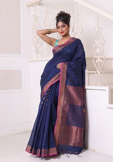 Navy Blue Ethnic Motifs Cotton Blend Saree Set