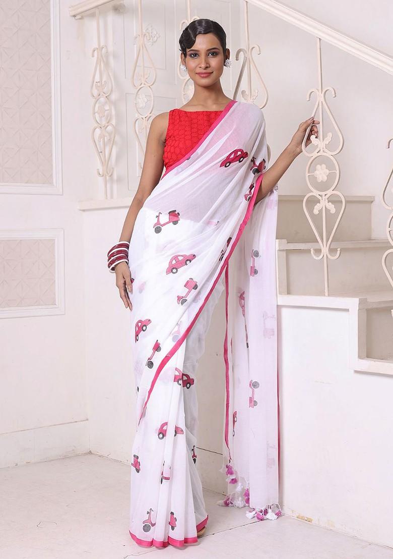 White Solid Mulmul Cotton Saree Set