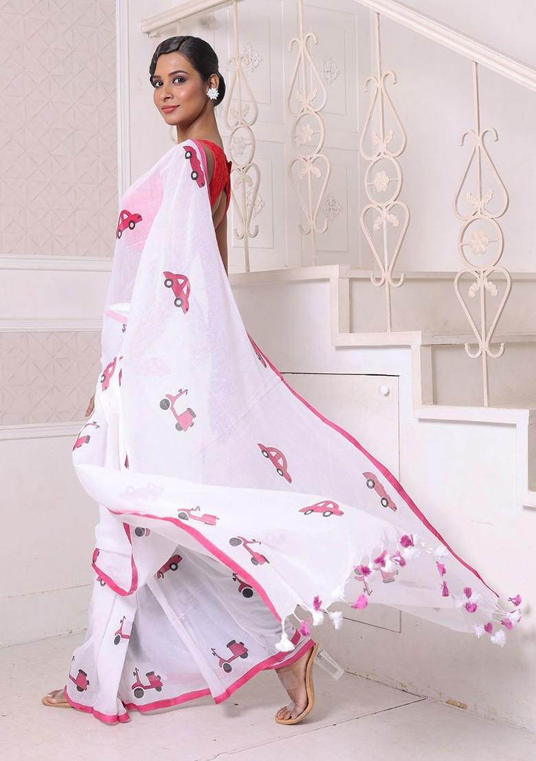 White Solid Mulmul Cotton Saree Set