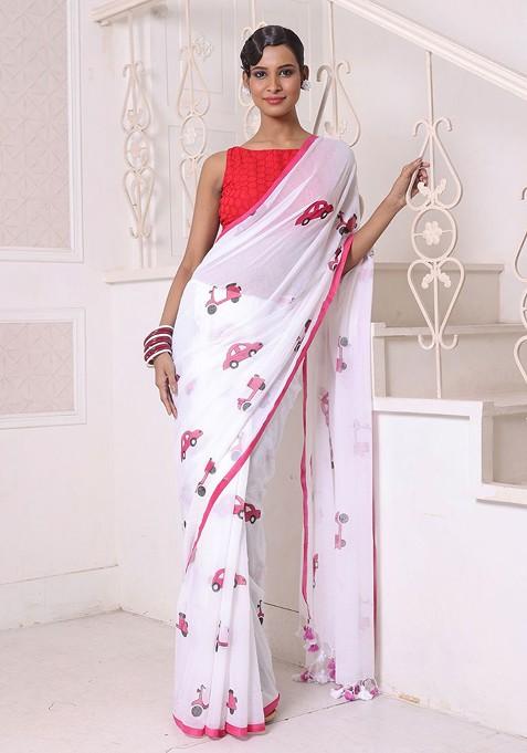 White Solid Mulmul Cotton Saree Set