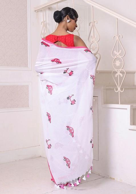 White Solid Mulmul Cotton Saree Set