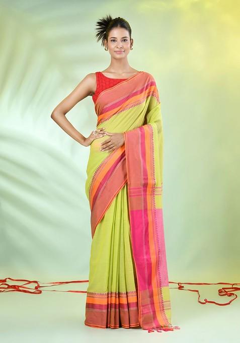 Green Solid Cotton Saree Set