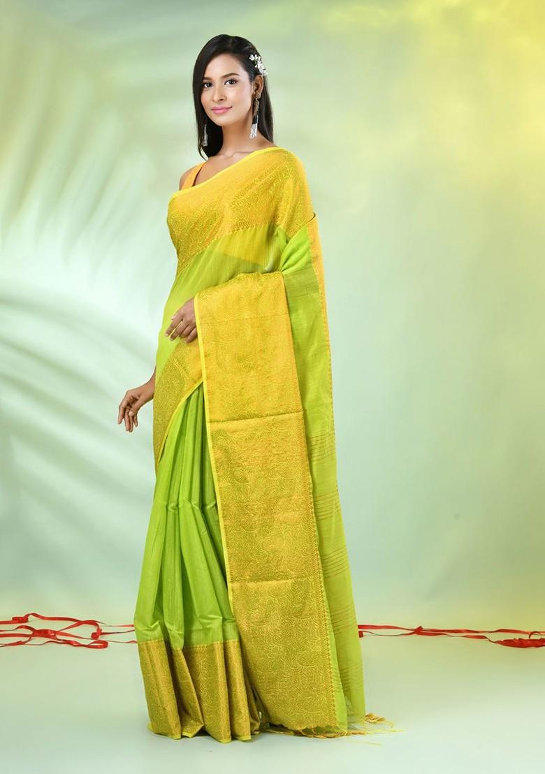 Green Woven Cotton Blend Saree Set