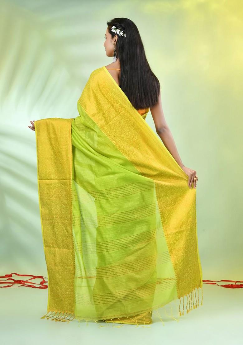 Green Woven Cotton Blend Saree Set