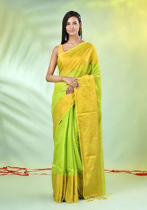 Green Woven Cotton Blend Saree Set