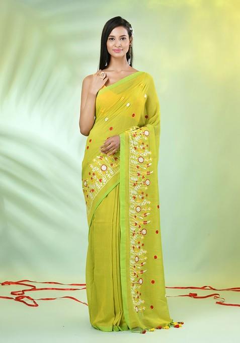 Lime Green Embroidered Cotton Saree Set