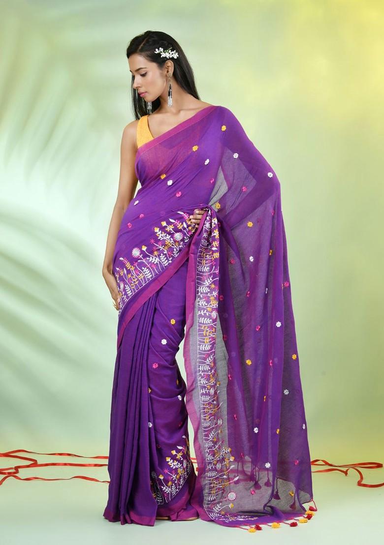 Violet Floral Print Cotton Saree Set - Indya