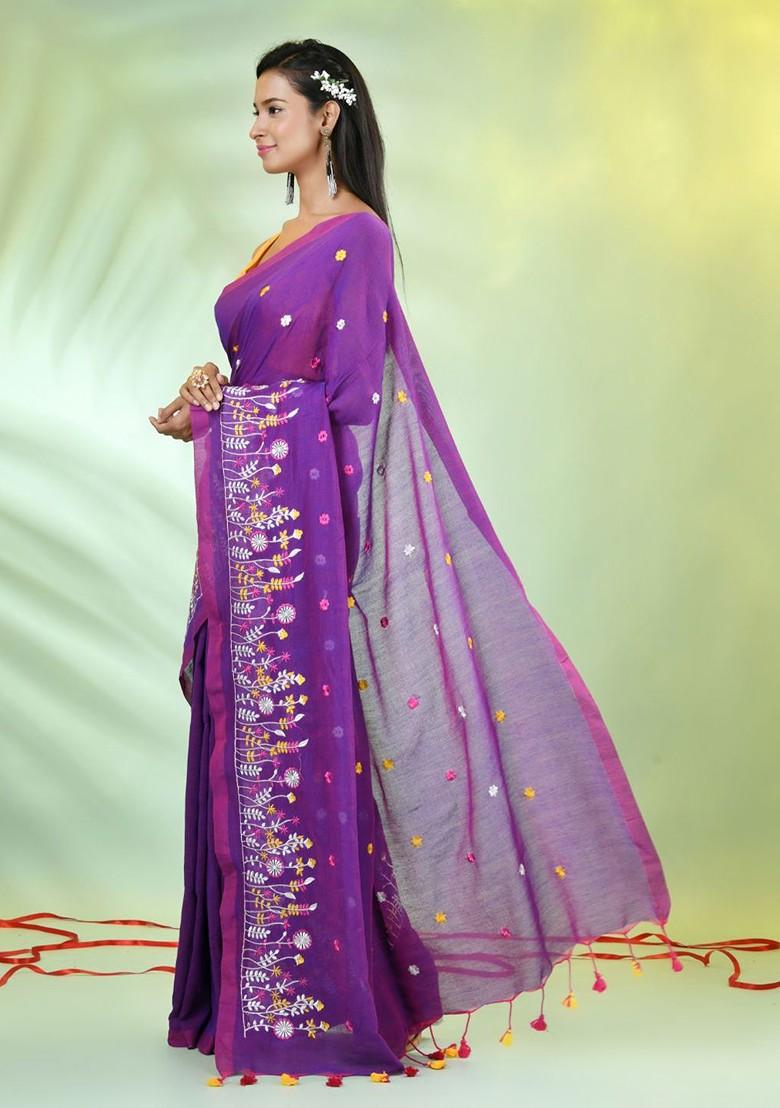 Violet Floral Print Cotton Saree Set - Indya