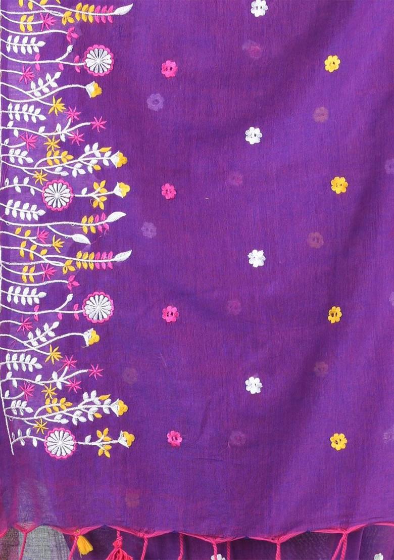 Violet Floral Print Cotton Saree Set - Indya