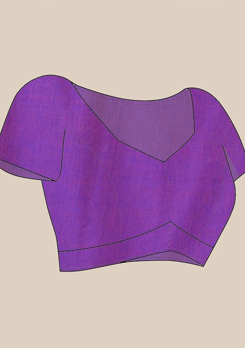 Violet Floral Print Cotton Saree Set - Indya