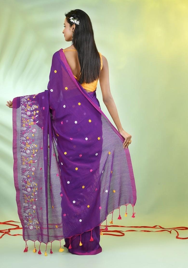 Violet Floral Print Cotton Saree Set - Indya