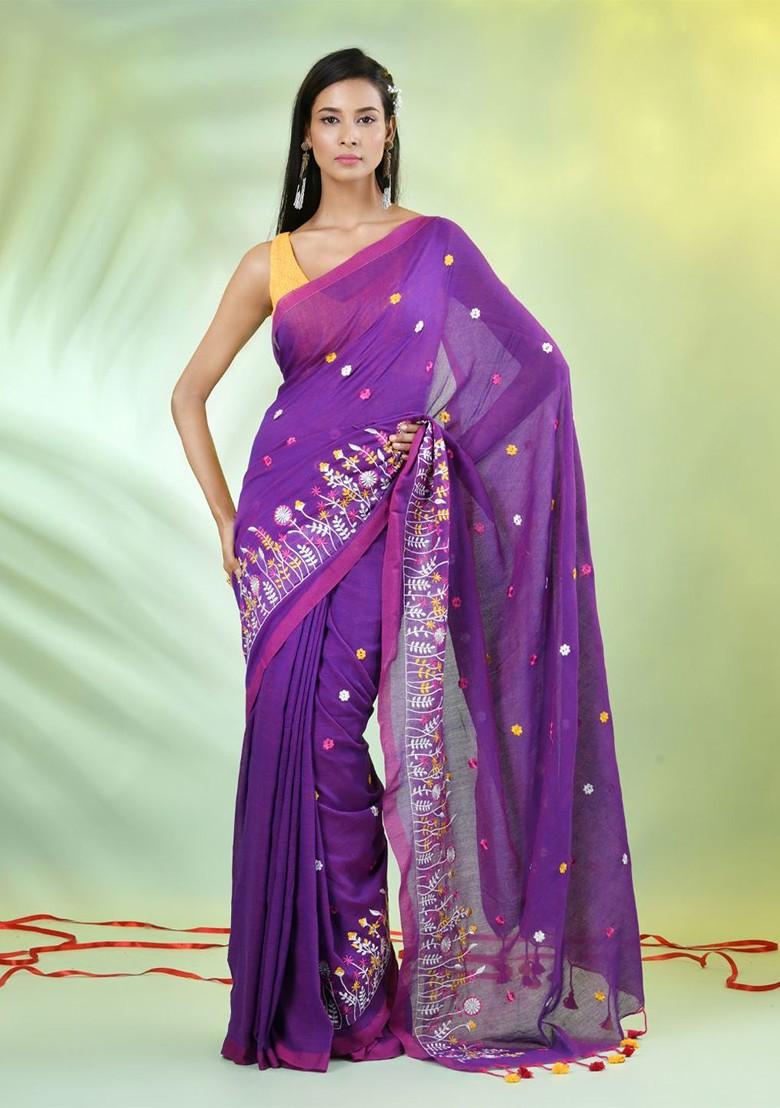 Violet Floral Print Cotton Saree Set - Indya