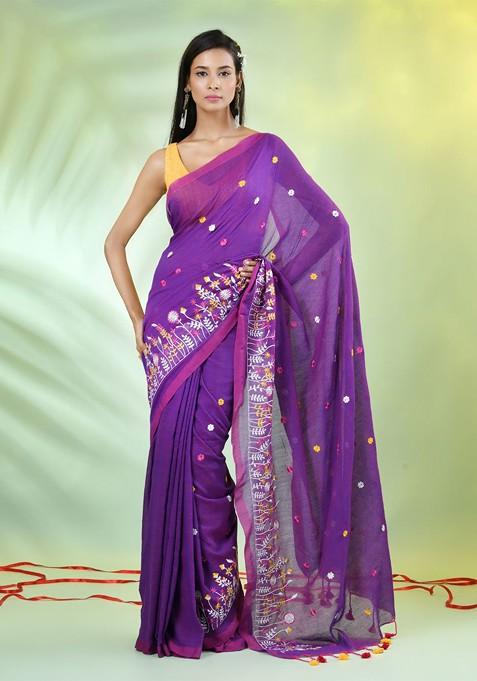 Violet Floral Print Cotton Saree Set