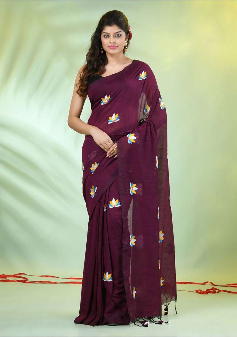 Purple Handspun Cotton Saree Set with Floral Print for Diwali | Wedding & Festive Wear - Indya