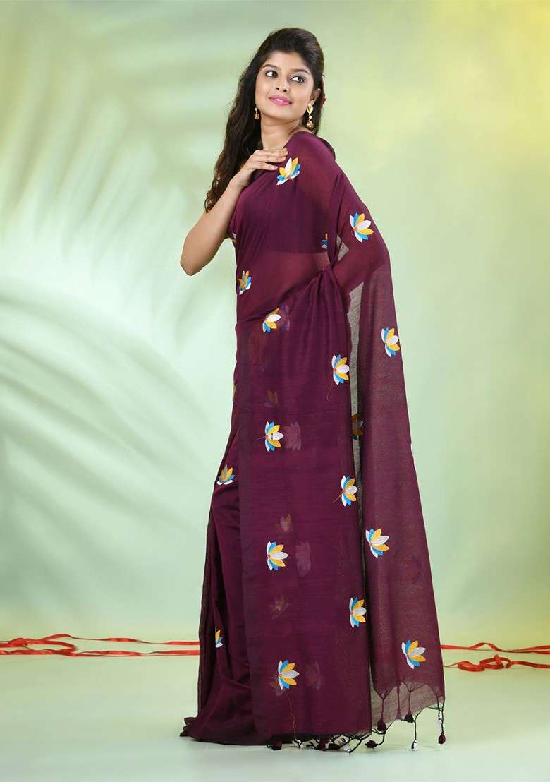 Purple Handspun Cotton Saree Set with Floral Print for Diwali | Wedding & Festive Wear - Indya