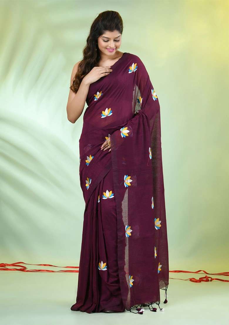 Purple Handspun Cotton Saree Set with Floral Print for Diwali | Wedding & Festive Wear - Indya