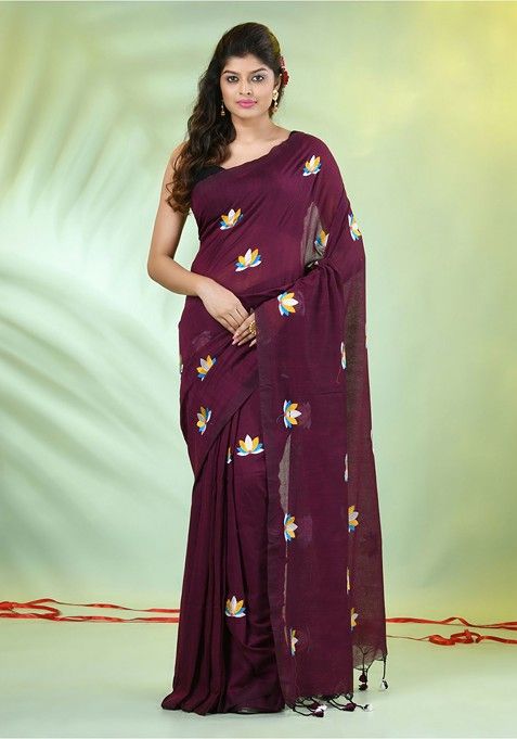 Purple Floral Print Cotton Handspun Saree Set