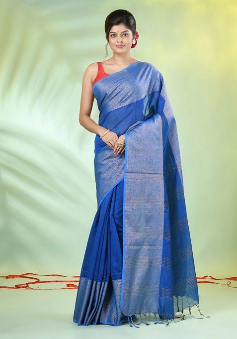 Blue Zari Cotton Blend Saree Set