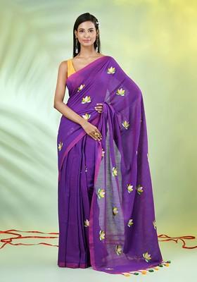 Violet Floral Print Cotton Handspun Saree Set