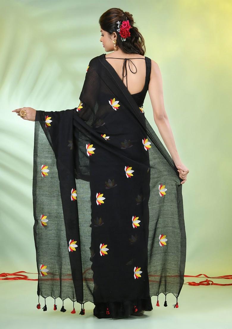 Black Floral Print Cotton Handspun Saree Set