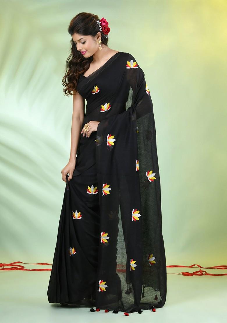 Black Floral Print Cotton Handspun Saree Set