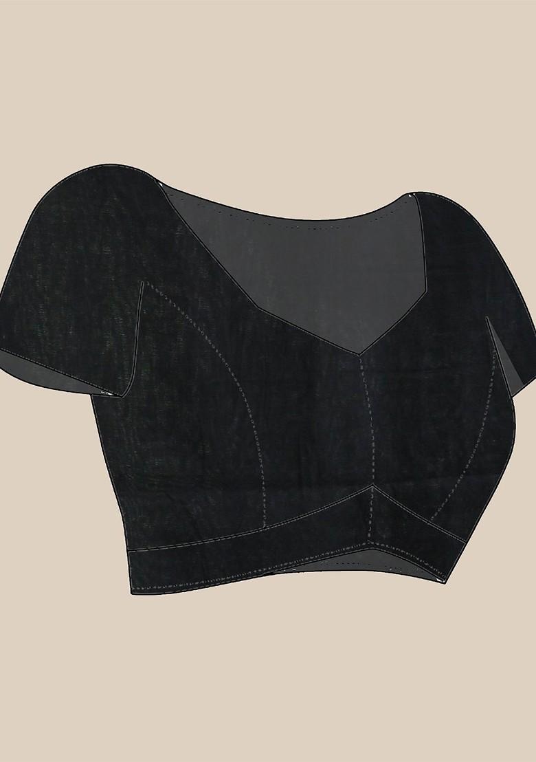 Black Floral Print Cotton Handspun Saree Set