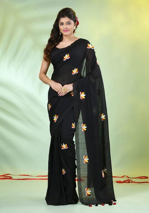 Black Floral Print Cotton Handspun Saree Set