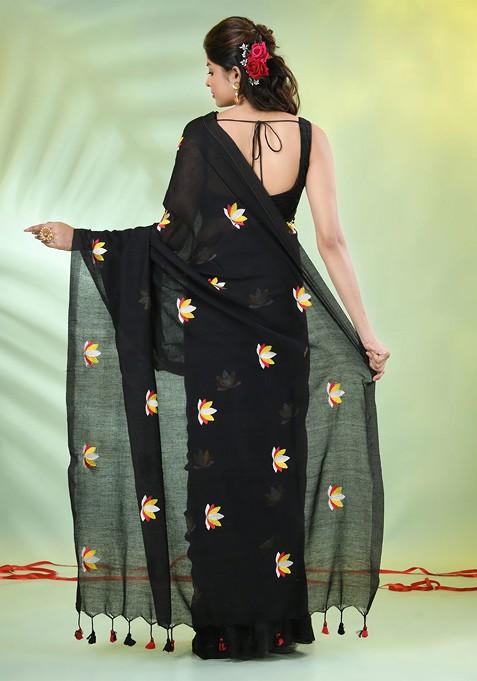 Black Floral Print Cotton Handspun Saree Set