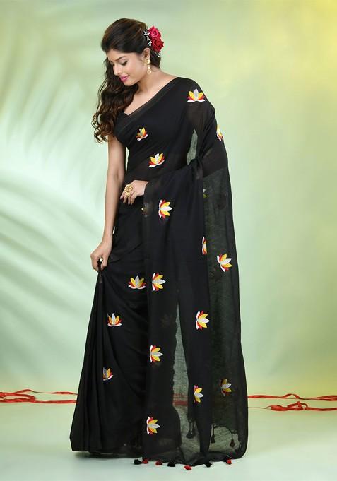 Black Floral Print Cotton Handspun Saree Set