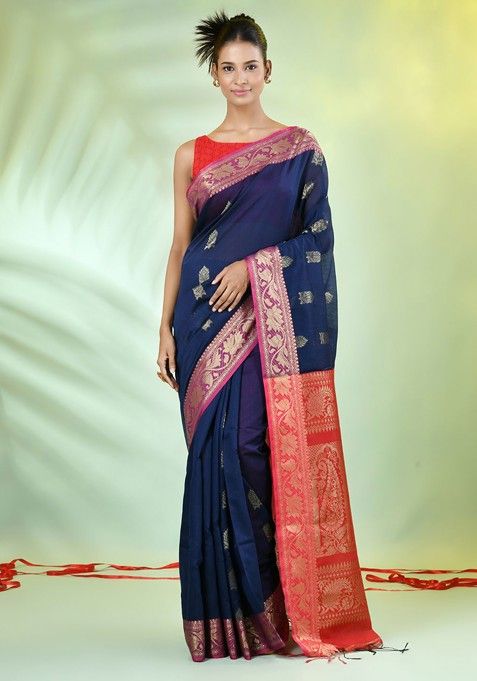 Navy Blue Ethnic Motifs Cotton Blend Saree Set