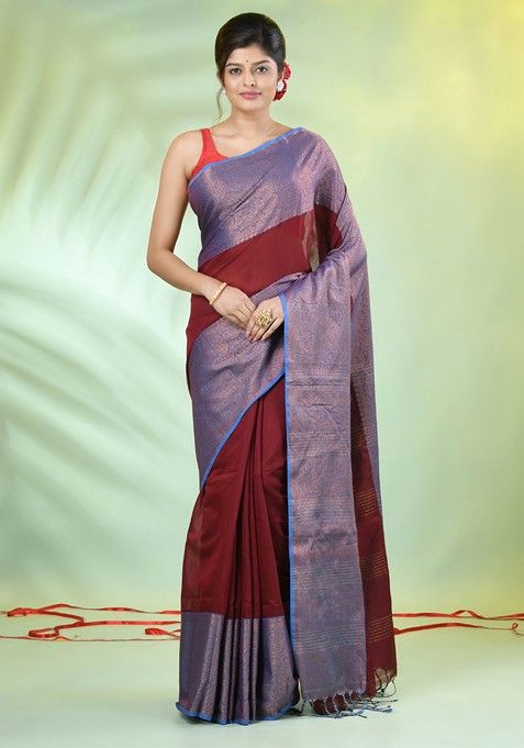 Maroon Zari Cotton Blend Saree Set