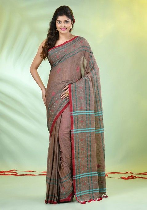 Beige Printed Cotton Saree Set