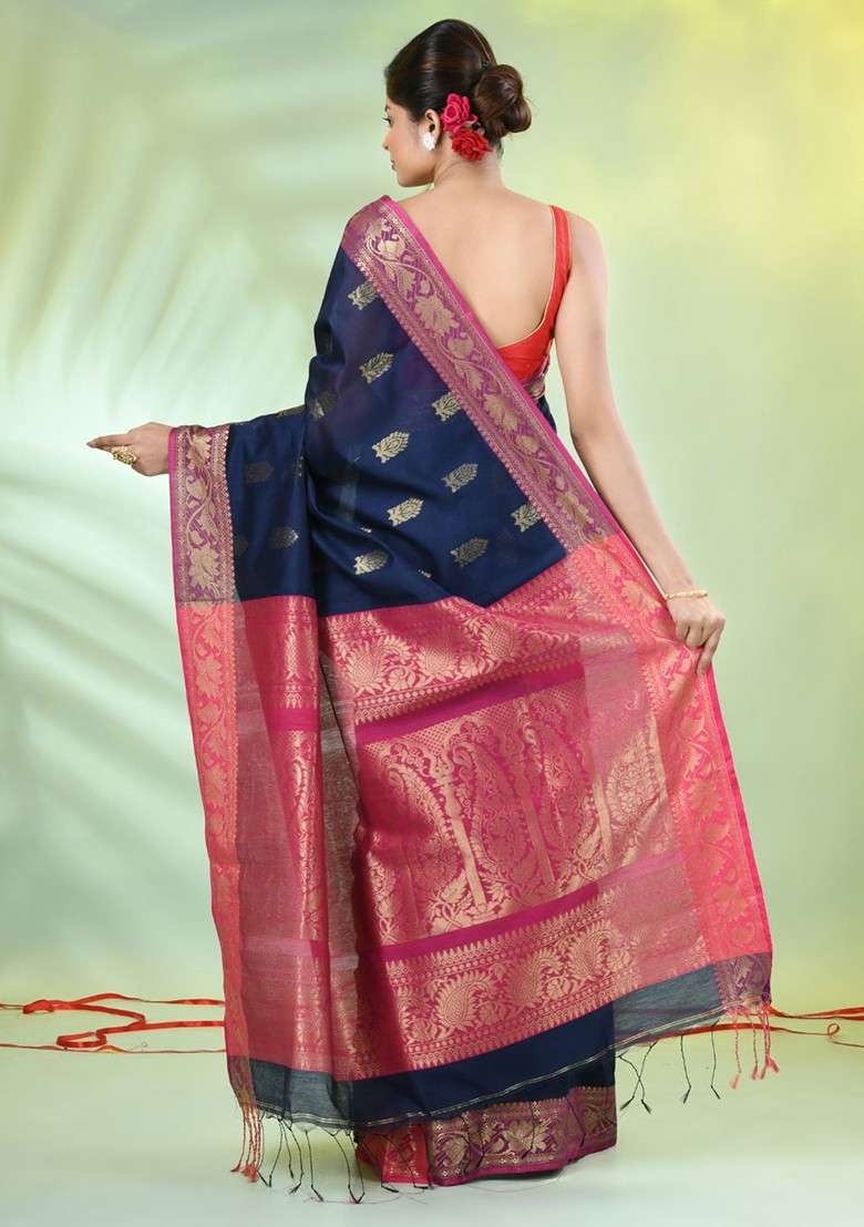 Navy Blue Ethnic Motifs Blend Cotton Saree Set for Diwali | Wedding & Festive Wear - Indya