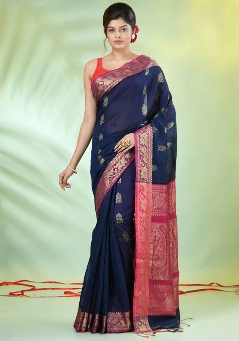 Navy Blue Ethnic Motifs Cotton Blend Saree Set