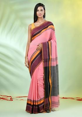 Peach Solid Cotton Saree Set