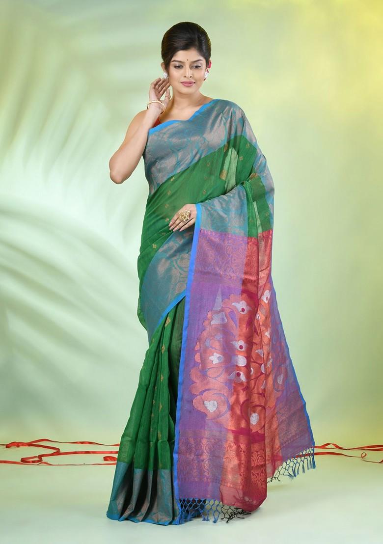 Green Ethnic Motifs Cotton Blend Saree Set
