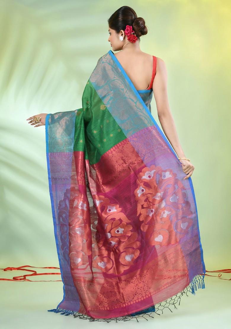 Green Ethnic Motifs Cotton Blend Saree Set