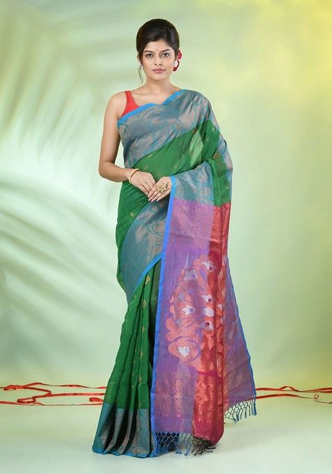 Green Ethnic Motifs Cotton Blend Saree Set