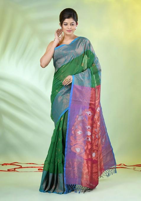 Green Ethnic Motifs Cotton Blend Saree Set