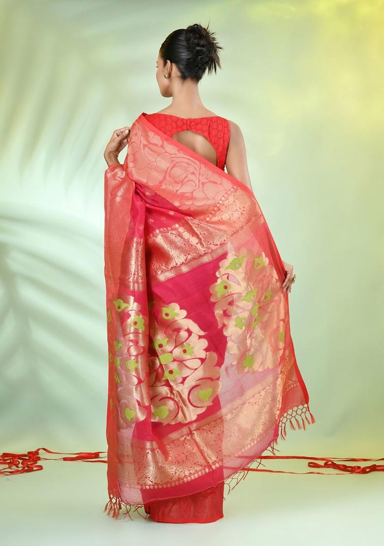 Pink Ethnic Motifs Cotton Blend Saree Set