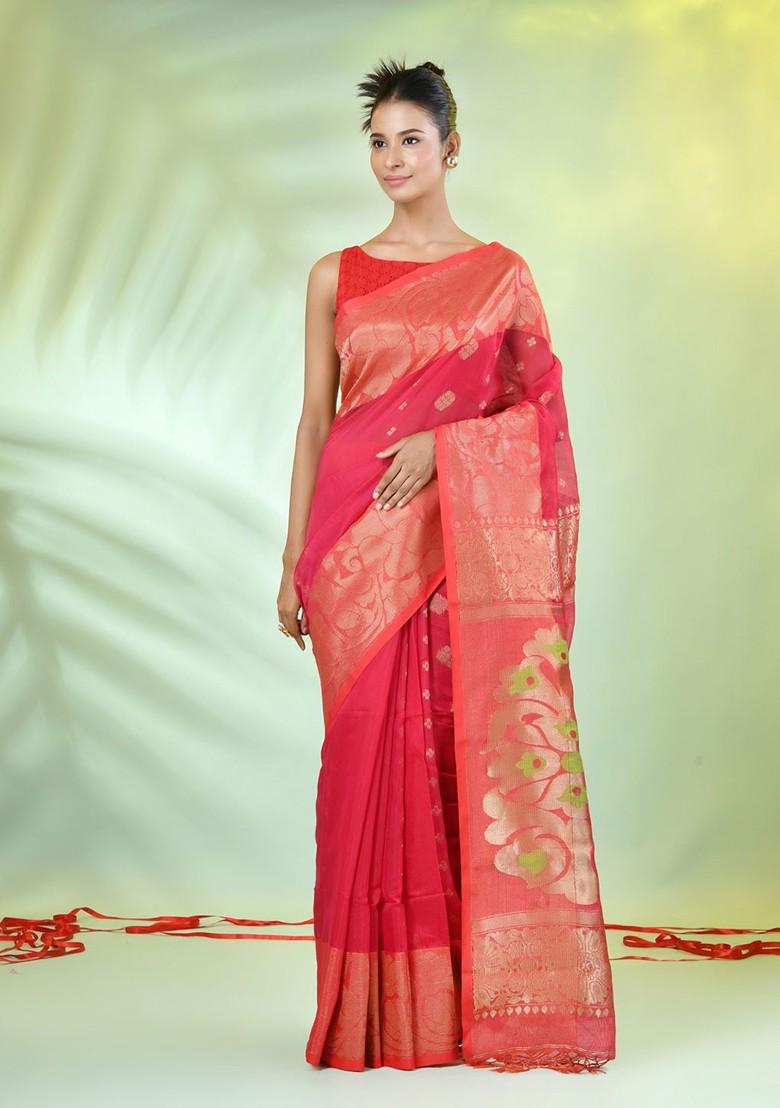 Pink Ethnic Motifs Cotton Blend Saree Set
