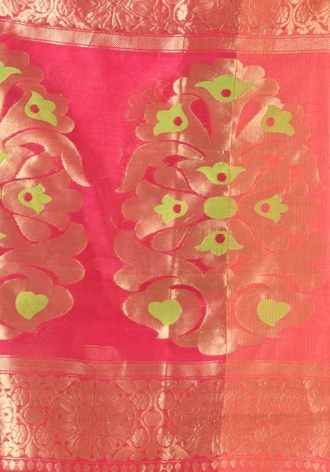 Pink Ethnic Motifs Cotton Blend Saree Set