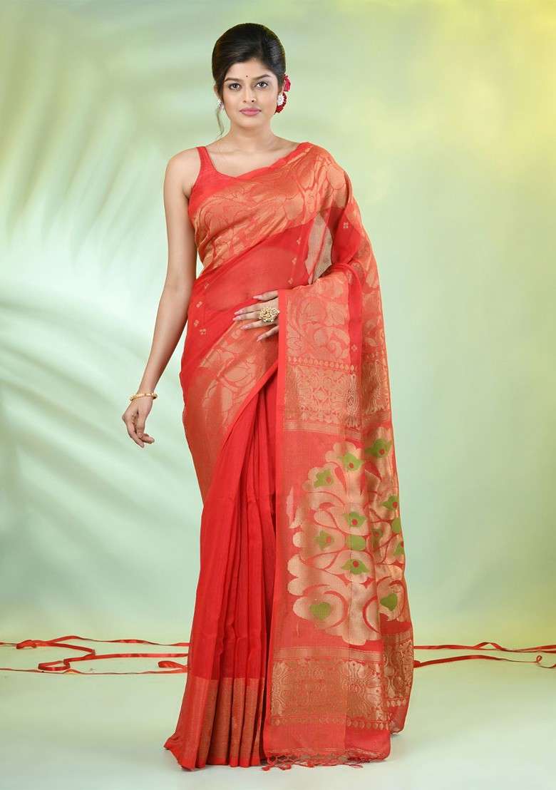 Red Ethnic Motifs Cotton Blend Saree Set for Diwali and Festive Wear - Indya