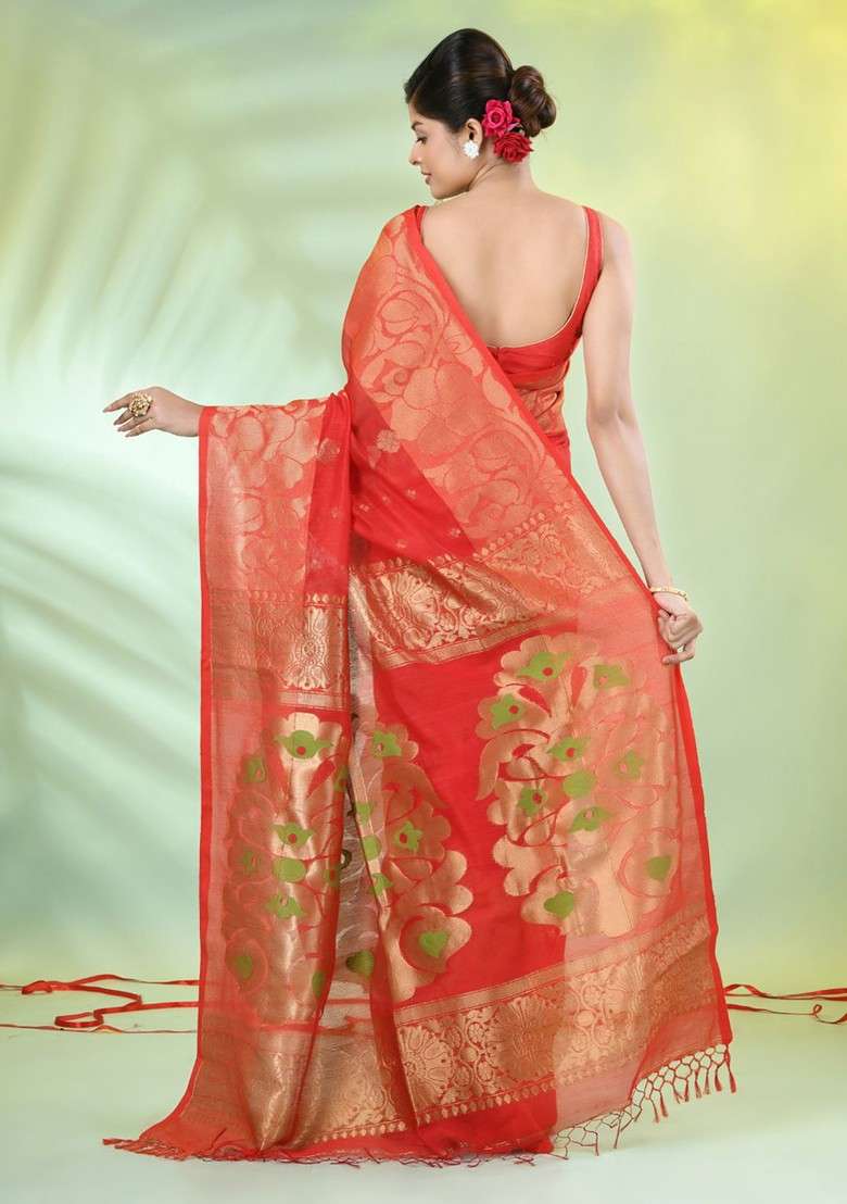 Red Ethnic Motifs Cotton Blend Saree Set for Diwali and Festive Wear - Indya