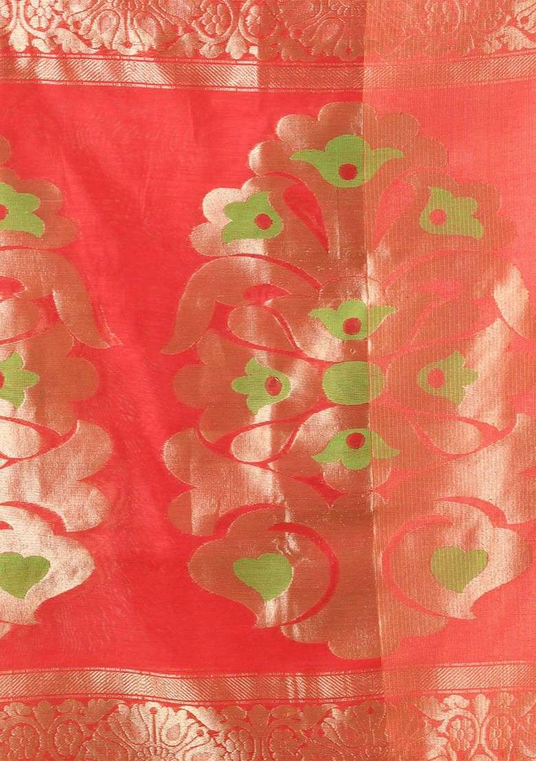 Red Ethnic Motifs Cotton Blend Saree Set for Diwali and Festive Wear - Indya